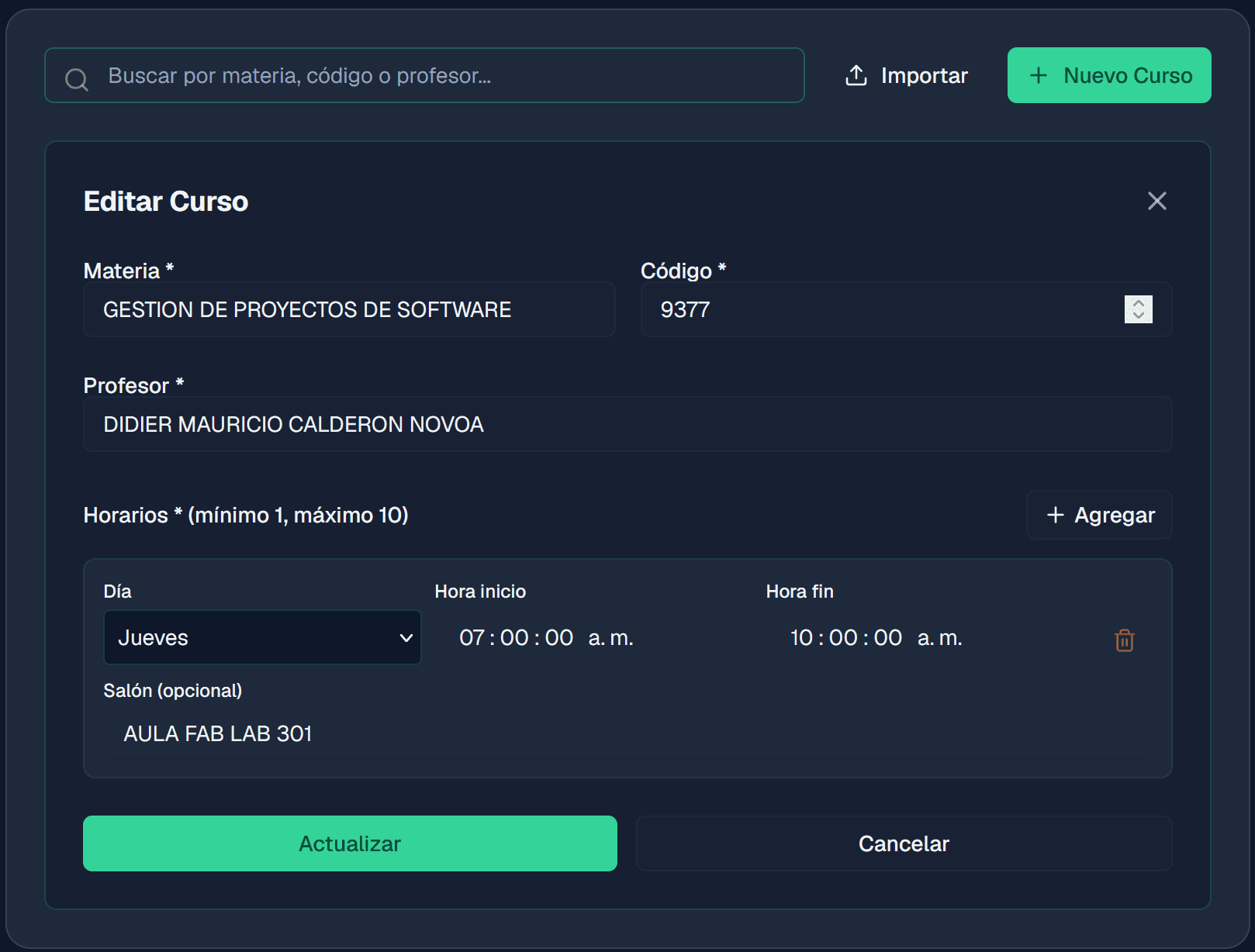 Creación de Horarios — detalle